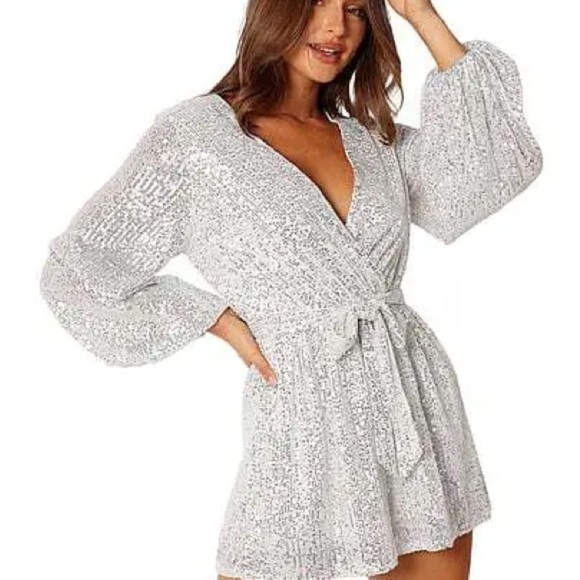 Petal & Pup Silver Sequin Romper with Wrap V-Neck and Tie Waist - Picture 2 of 7